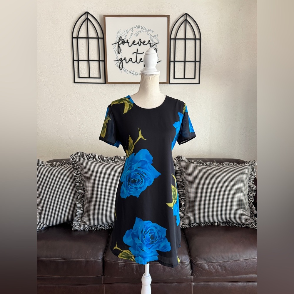 Vintage 90’s Bright Blue Floral Print Midi Dress Size S Summer Retro Fun Resort